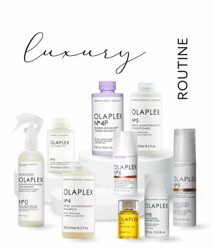 Routine Luxary Olaplex N°0 Traitement N°3 pré-shampoing N°4 shampoing N°4P shampoing violet N°5 conditioner N°6 masque N°8 Masque N°7 huile N°9 thermo protecteur